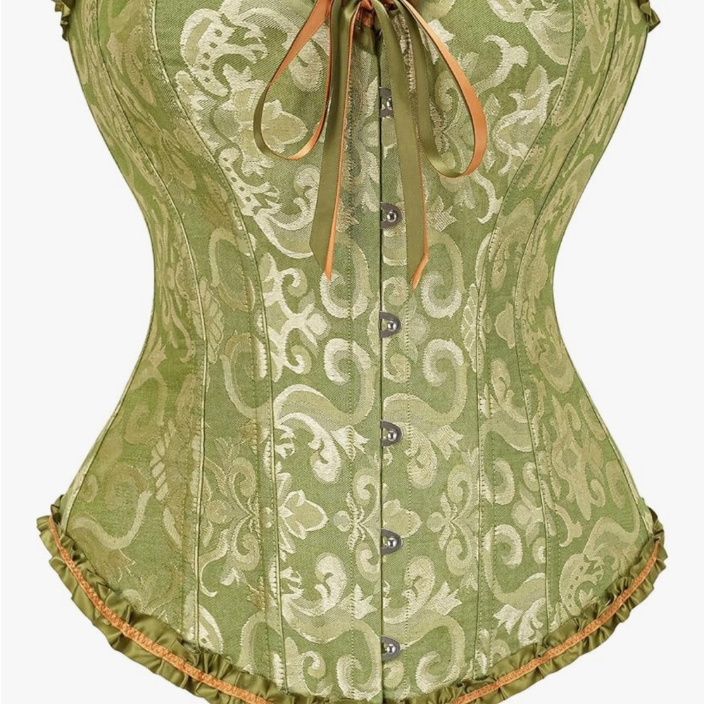 Olive Green Brocade Corset Top with Ribbon Lacing